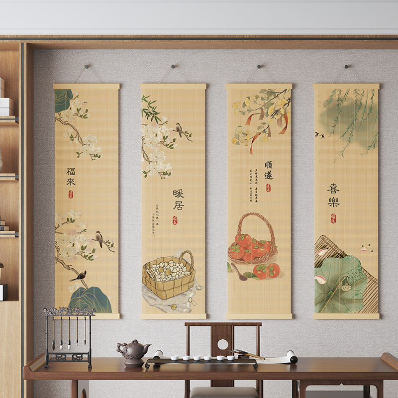 New Chinese-Style Zen Bamboo Curtain Hanging Painting for Living Room Entrance, Printed Hanging Tea Room Study Lotus Decorative Scroll Curtain New Chinese-Style Zen Bamboo Curtain Hanging Painting for Living Room Entrance, Printed Hanging Tea Room Study Lotus Decorative Scroll Curtain