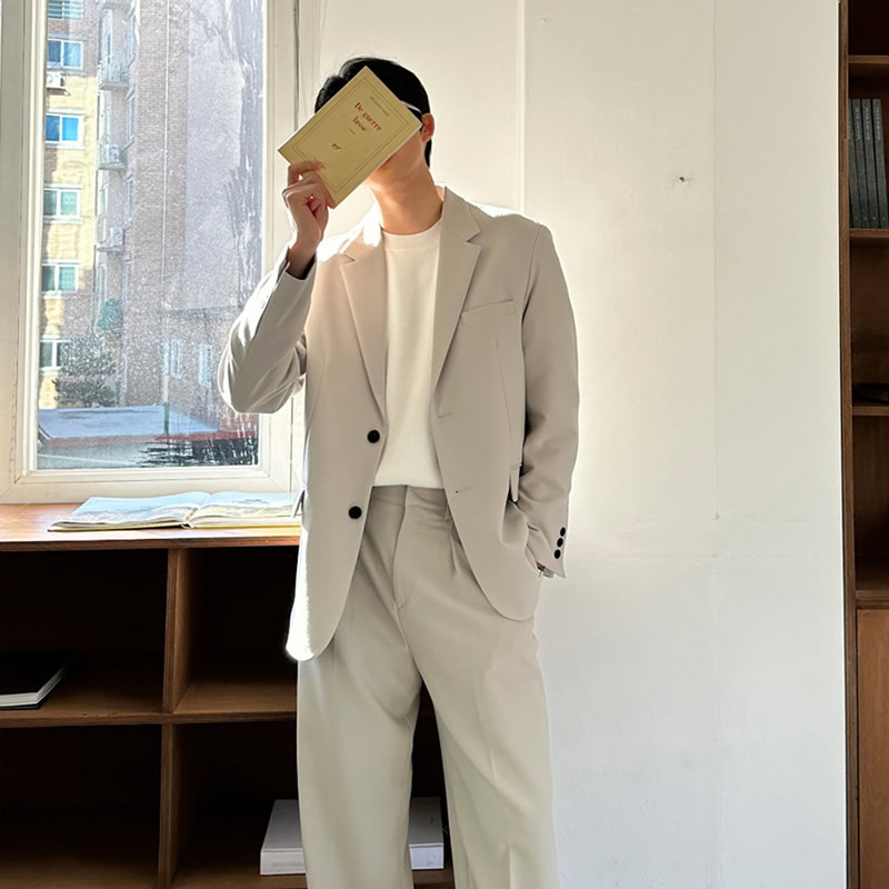 Beige Suit Men's Set, Stylish Korean Version, Trendy Casual Fashion Brand ins Mature Style Loose Men's Suit Jacket