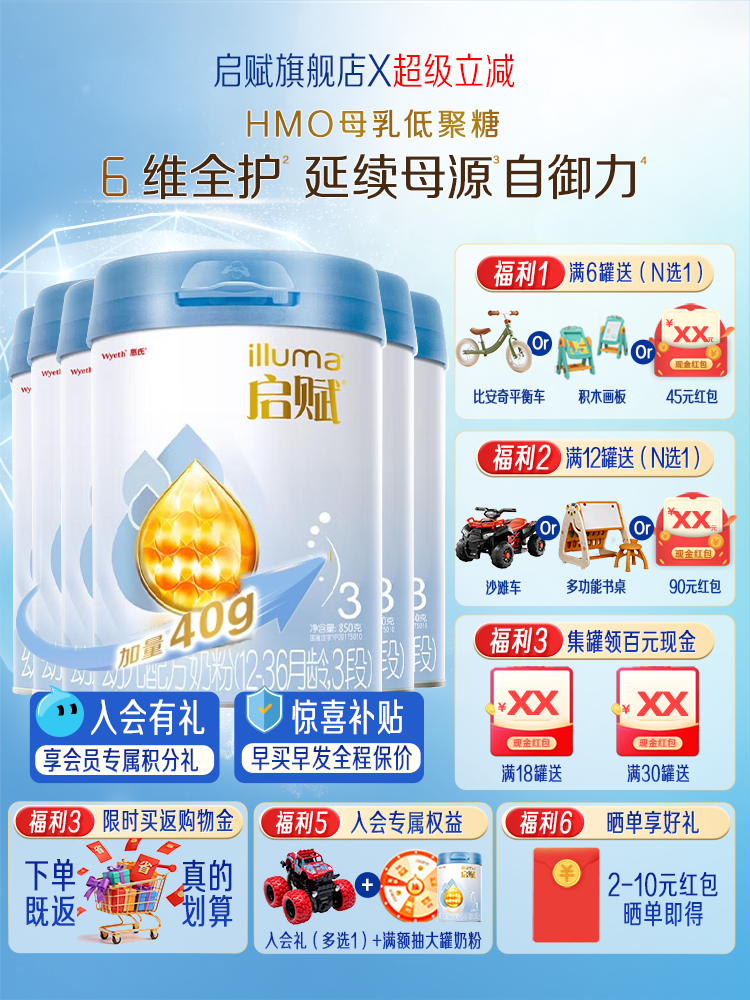 Qifu Blue Diamond 3-Stage 850g*6 Cans of Milk Powder Wyeth 3-Stage Infant Formula Official Flagship Store Genuine