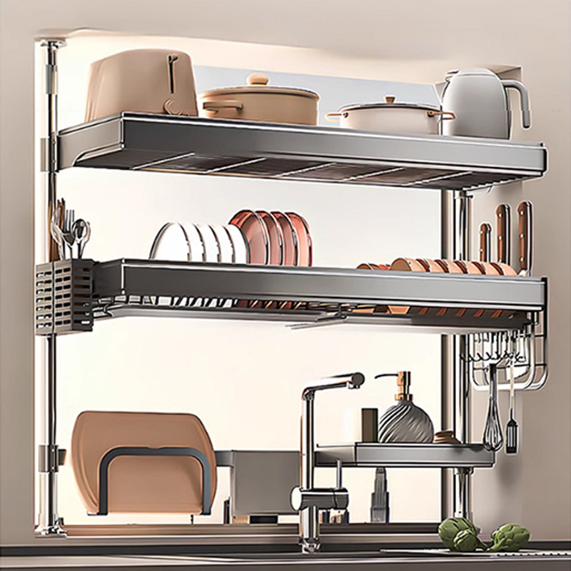 German Thy Punch-Free Kitchen Storage Rack Above Sink, Windowsill, or Dishwashing Basin for Storing Bowls, Plates, and Pots