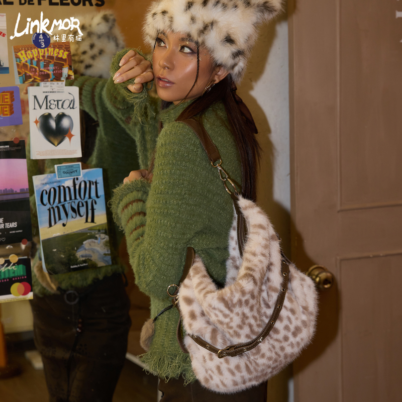 [Leopard Fur] Linkmor Original 2026 New Furry Bag for Women, Vintage Fluffy Hot Girl Shoulder Crossbody Bag