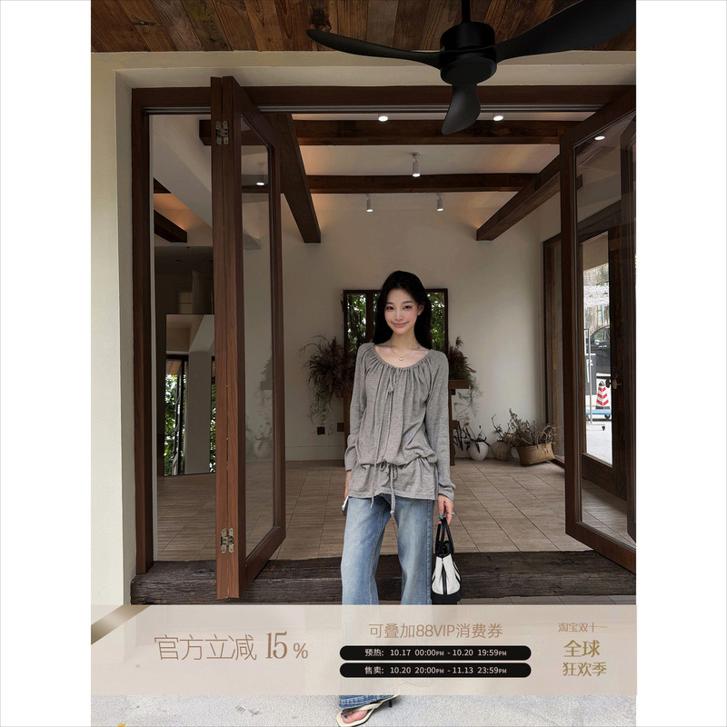 Rosybow Gentle and Relaxed Holiday Long-Sleeved T-Shirt for Women in Autum with Gathered Lace-Up Design, Waist-Cinching and Slimming Top Rosybow Gentle and Relaxed Holiday Long-Sleeved T-Shirt for Women in Autum with Gathered Lace-Up Design, Waist-Cinching and Slimming Top