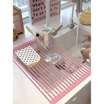 Dopamine kitchen roller shutter sink drain rack foldable dish storage drain rack dishwashing sink storage rack