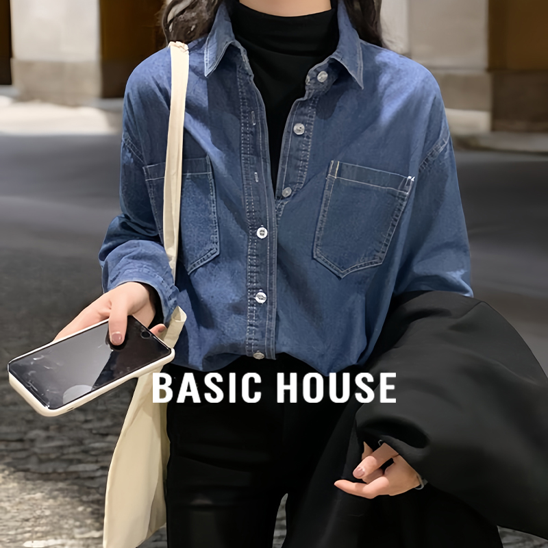 Basic House/Baicahao レトロブルーデニムシャツ レディース 春 ゆったり インナー レイヤード ジャケット トップス
