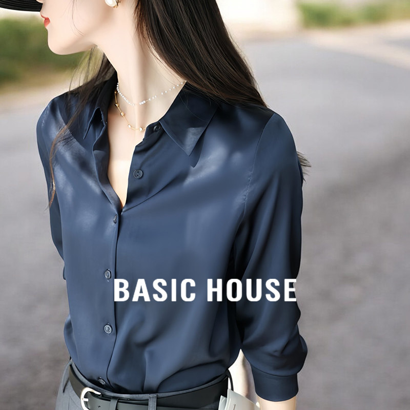 Basic House/Синяя рубашка из хорошего французского атласа Baijia, женский летний костюм с рубашкой, новинка 2025 года Изображение 1