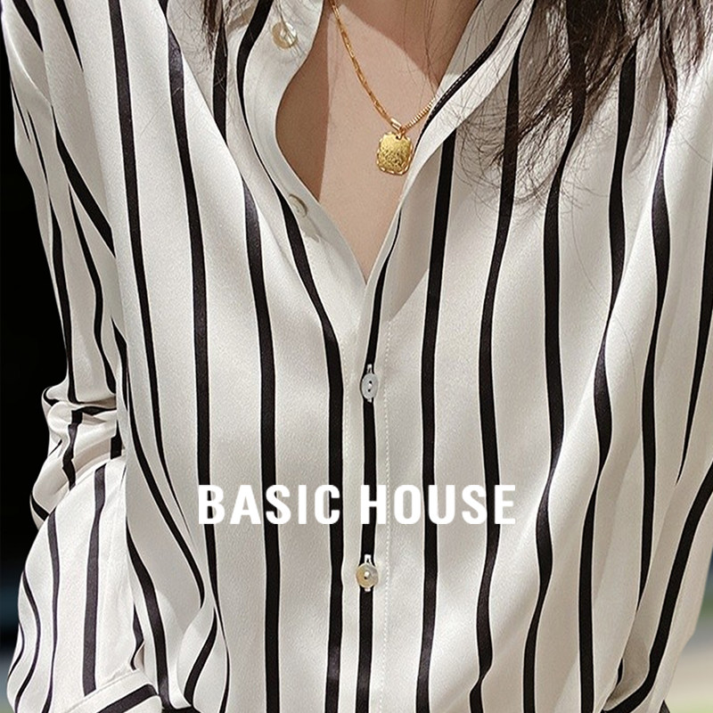 Basic House/Baijia Good Light Роскошная атласная рубашка в вертикальную полоску с лацканами, женская летняя тонкая рубашка с солнцезащитным кремом Изображение 1