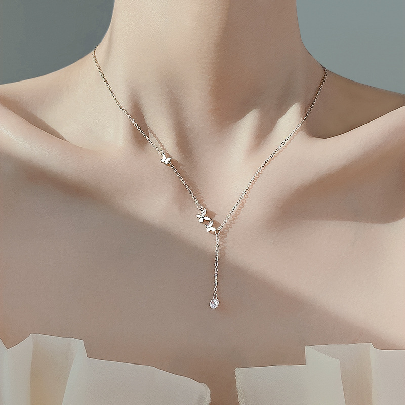 2023新款蝴蝶抽拉项链女S999足银轻奢冷淡风锁骨链可调节流苏颈链