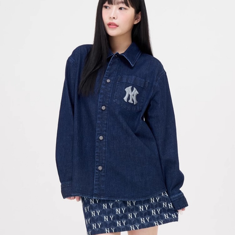 MLB官方 男女情侣立体刺绣宽松牛仔衬衫几何老花秋季DRM04