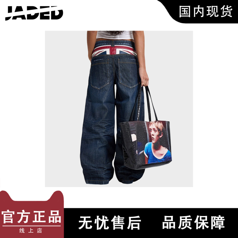 [Discounted in Stock] Jaded London Vintage British Union Jack Waistband Wide-Leg Straight Dark Blue Jeans