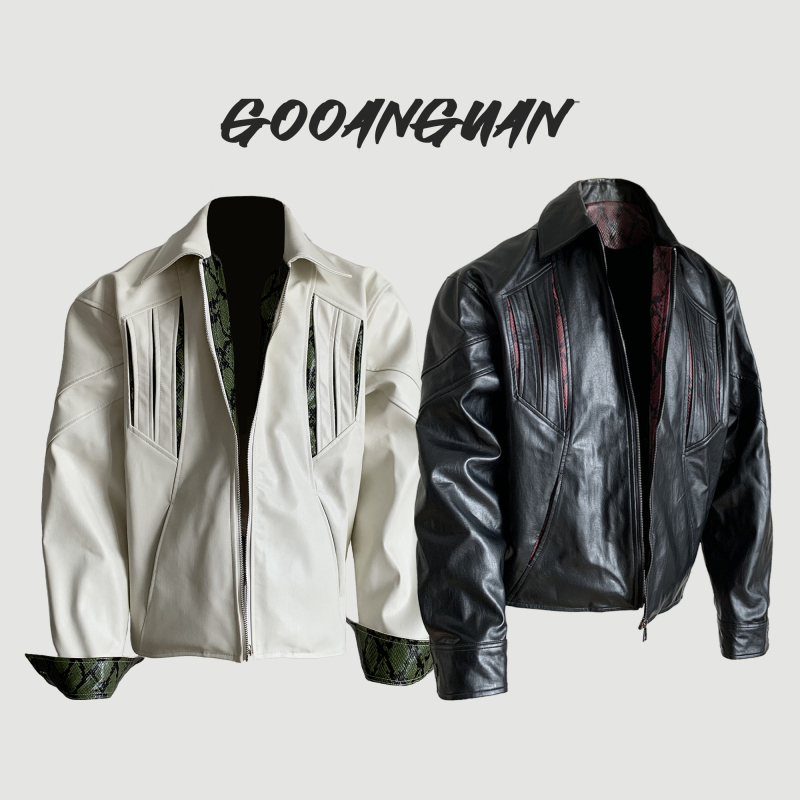 "Snake" Snake-Patterned Leather Jacket, Vintage Cleanfit Spring and Autumn Coat, Pu Thin Casual Men's Turn-Down Collar Jacket