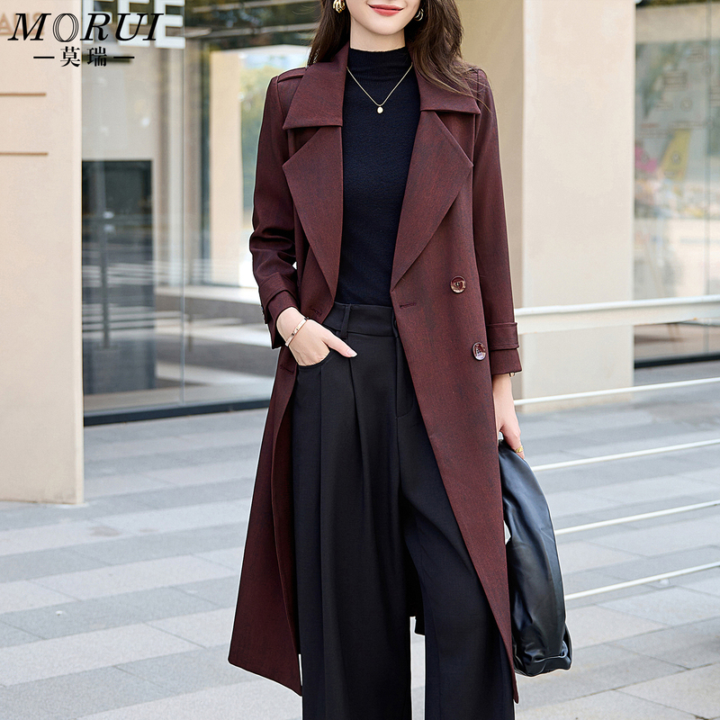 British Style Double-Breasted Long Trench Coat for Women, 2026 Autumn New Korean Version, Waist-Cinching Slim-Fit Elegant Coat