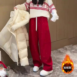 Red Straight-Leg, Very Stylish Wide-Leg Pants, New Loose-Fitting Casual Sweatpants for Autumn and Winter, Fleece-Lined Pants for Women, Fine Shimmer 2025