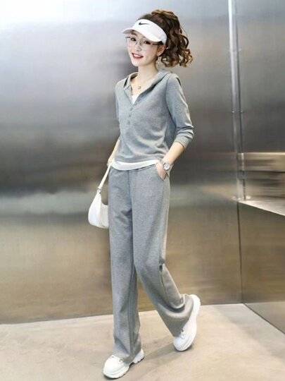 Two-Piece Set for Women, New Fashionable Wide-Leg Pants and Sweatshirt, Stylish Solid Color Casual Sports Suit for Spring and Autumn 2024