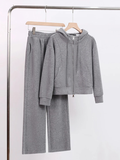 2025 Fashionable Sweatshirt Suit for Women, Lazy Style Casual Sportswear, New Two-Way Zipper Autumn and Winter Hooded Two-Piece Set