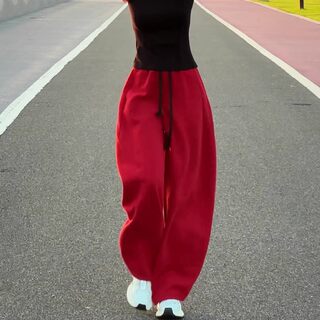 2025 Sports Curved-Leg Pants Casual Sweatpants Autumn and Winter Pants for Women Fleece-Lined Thickened Popular Red Wide-Leg New Style