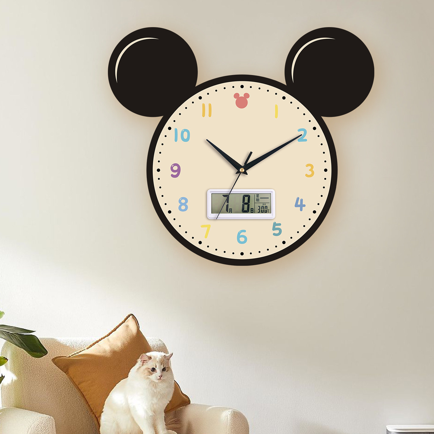 Trendy Mickey Mouse Living Room Wall Clock, Creative Clock, Wall-Mounted Clock, Swinging Calendar, No-Drill Household Quartz Clock
