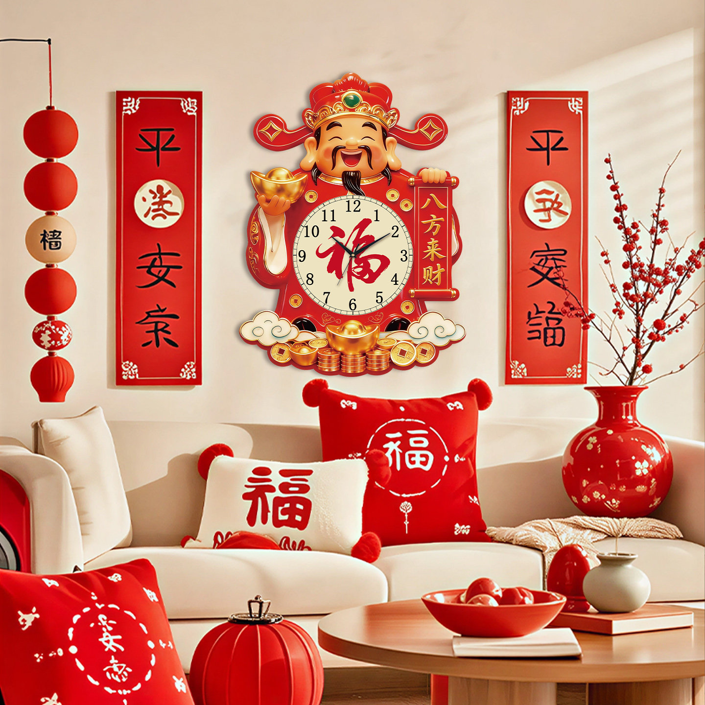 New Style God of Wealth Wall Clock with Glass Cover, New Chinese Style Home Clock, Quartz Clock, Wall Clock, Luminous