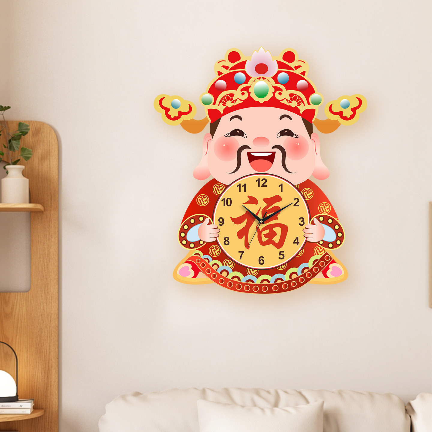Fortune God Wall Clock for Living Room, New Chinese Style Home Clock, Swinging Clock, Festive Quartz Clock, Creative Housewarming Wall Clock