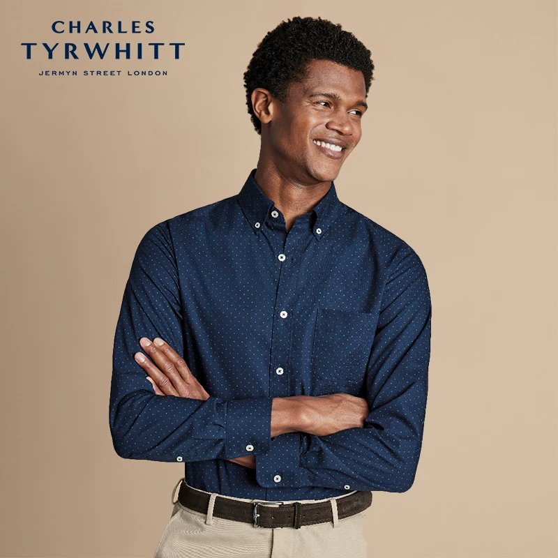 [Brand Welfare Area] рубашка CHARLES TYRWHITT слим-фит, petrol blue в горошек, микроэластичная, без складок