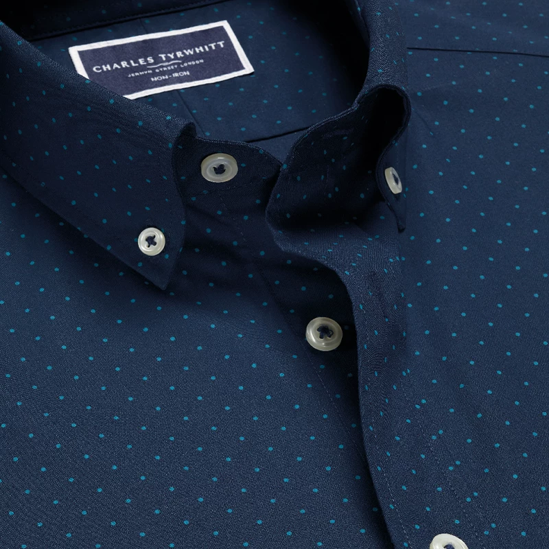 [Brand Welfare Area] рубашка CHARLES TYRWHITT слим-фит, petrol blue в горошек, микроэластичная, без складок