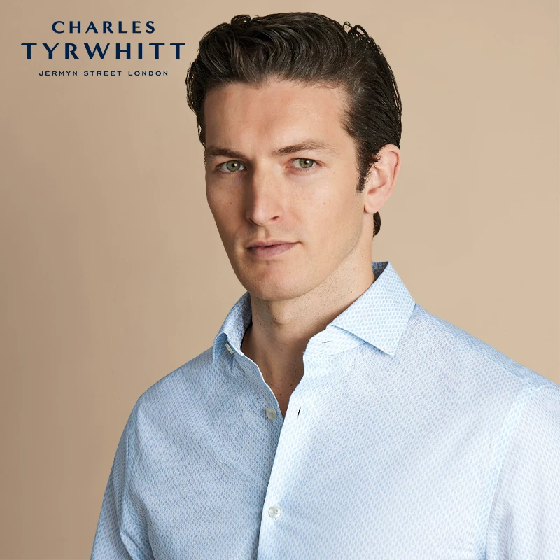 Рубашка CHARLES TYRWHITT облегающий светло-голубой алмазный клетчатый полуприлегающий воротник с микро-эластичностью, без залуживания (безглаженная)