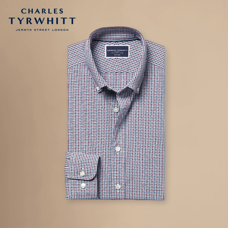 [Brand Welfare Area] CHARLES TYRWHITT Рубашка Slim Fit pink blue мини в клетку без глажки Poplin