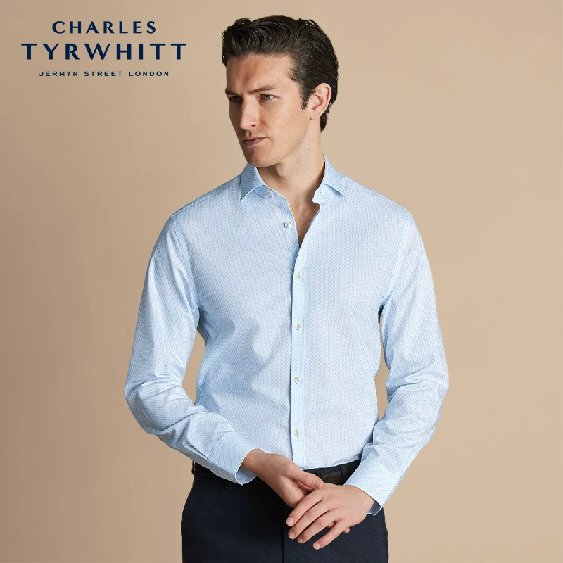 Рубашка CHARLES TYRWHITT облегающий светло-голубой алмазный клетчатый полуприлегающий воротник с микро-эластичностью, без залуживания (безглаженная)
