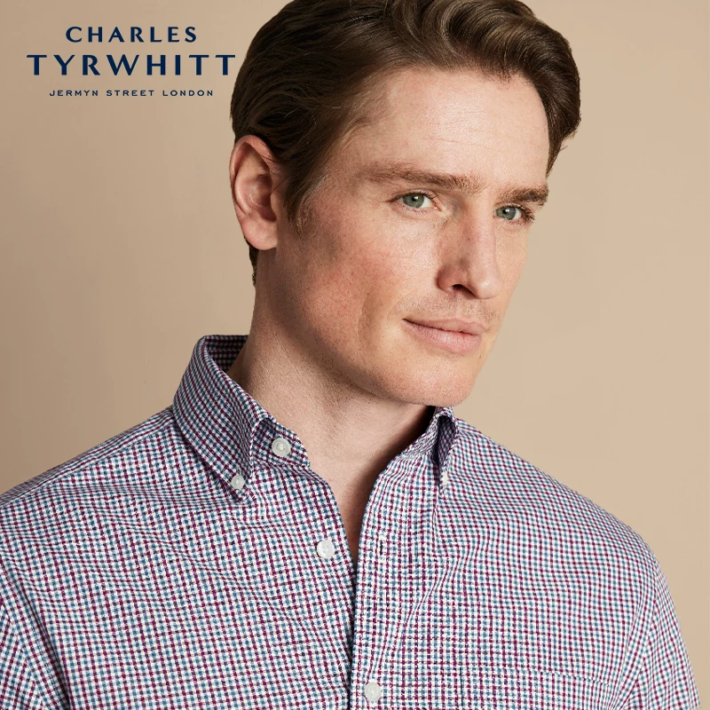 [Brand Welfare Area] CHARLES TYRWHITT Рубашка Slim Fit pink blue мини в клетку без глажки Poplin