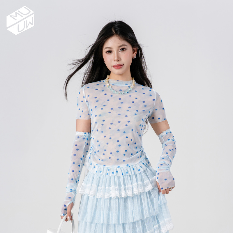 Muuw Detachable Sleeve Top Spring/Summer Polka Dot Mesh See-Through Ruffle Drawstring Slim Fit Long Sleeve Short Sleeve
