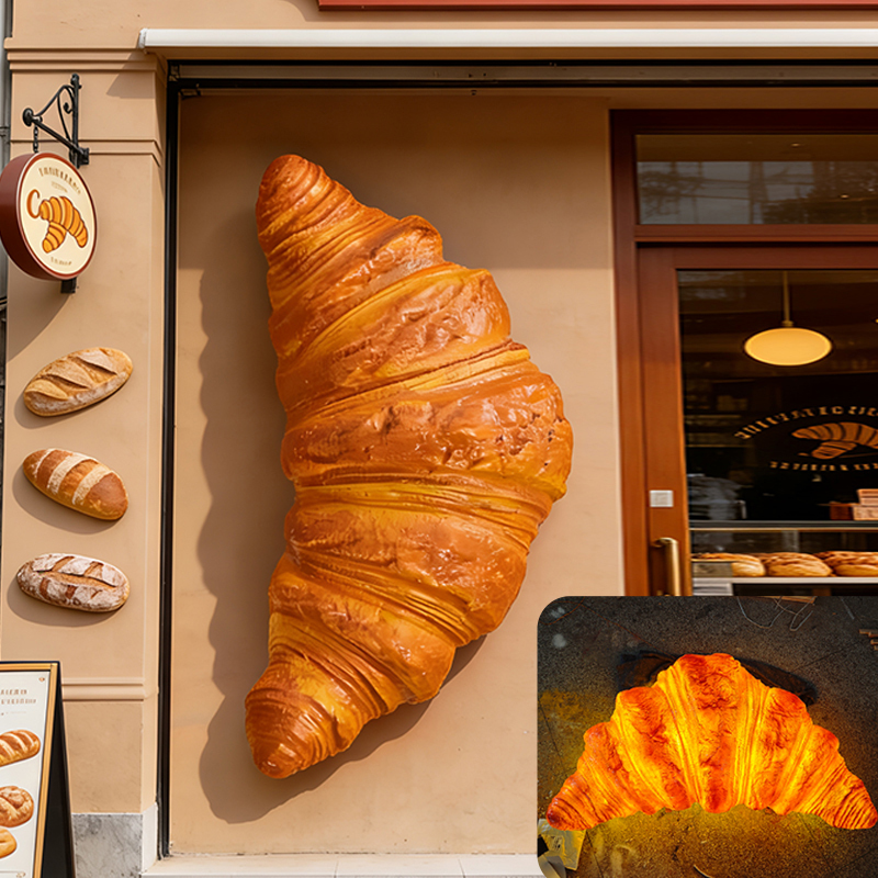 Large Croissant Sculpture with Light, Simulated Bread, Sliced Bread, Egg Tart, Pizza Wall-Mounted Light Box