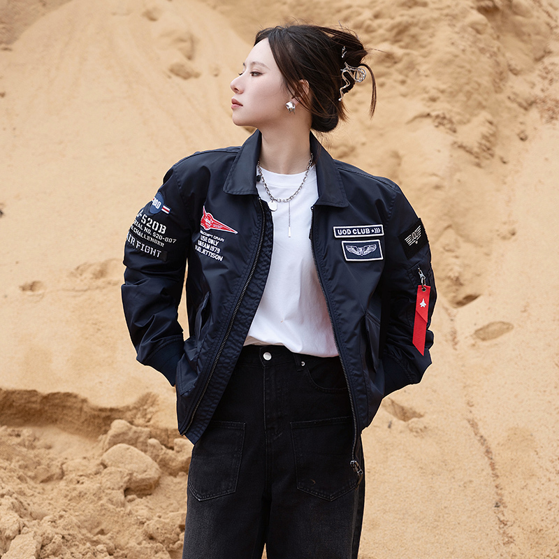 Uod Flight Jacket for Men, Vintage American-Style Embroidered Lapel Baseball Jacket, Spring and Autumn Short Loose Versatile Coat for Couples