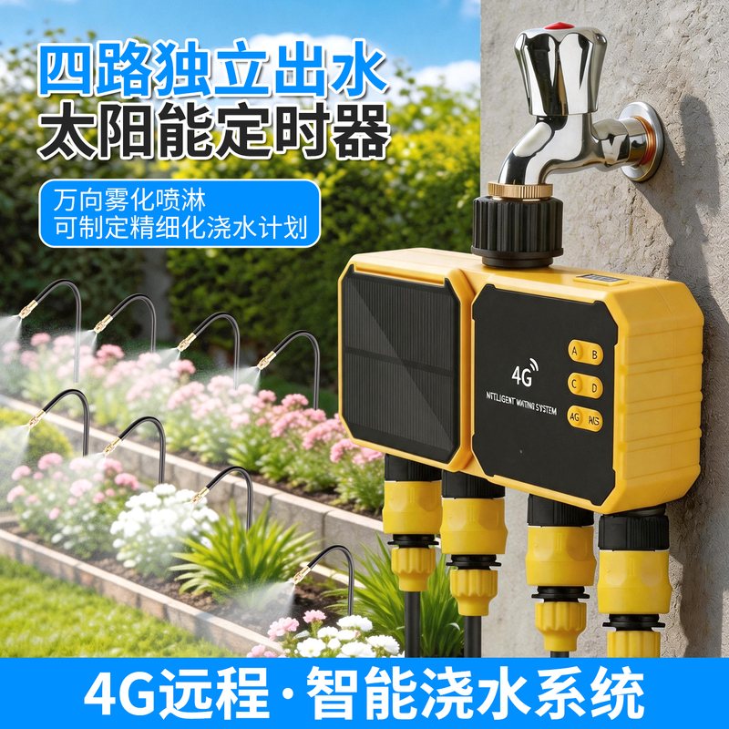 Wifi-Free, Data-Free, Solar-Powered 4g Remote Four-Way Independent Control Sprinkler Universal Atomizing Nozzle Flower Watering System
