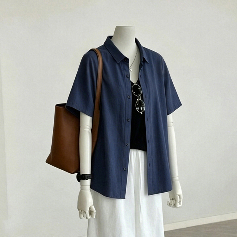 Lazy and Relaxed Dark Blue Short-Sleeved Shirt for Women, Summer Hong Kong Style Loose Pure Cotton Navy Blue Shirt, Casual Top Lazy and Relaxed Dark Blue Short-Sleeved Shirt for Women, Summer Hong Kong Style Loose Pure Cotton Navy Blue Shirt, Casual Top