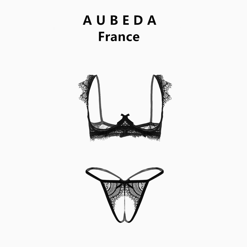 French Aubeda French-Style Lace Hollow-Out Push-Up Bra Three-Point Style No-Take-Off Thong Women's Bra Set