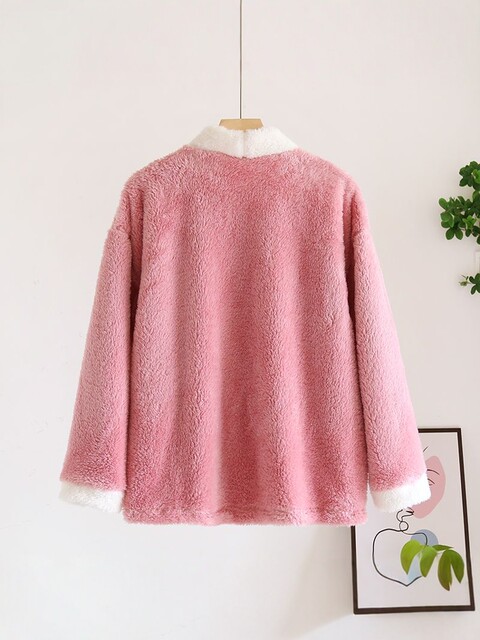 Japanese-Style Winter Tops for Women, Coral Fleece, Thickened, Warm, Casual, Fashionable, Color-Blocked, 100kg Loungewear Tops for Women