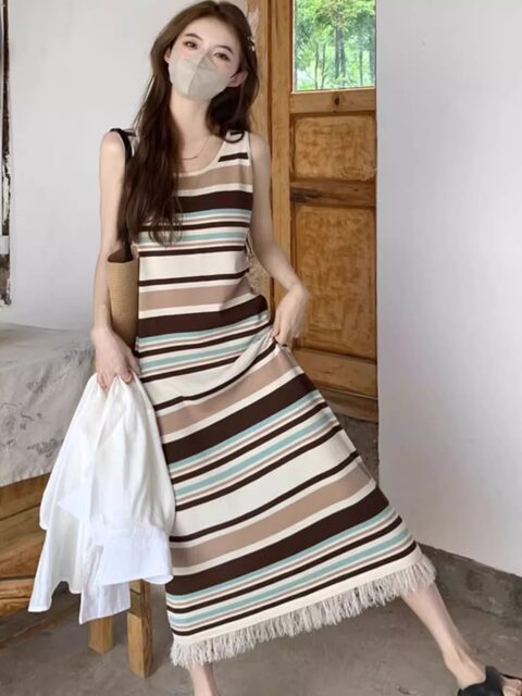 Colorful Stripesd Fat mm Sleeveless Vest Dress Women's Summer Loose Slimming Look Casual French Fringed Long Skirt