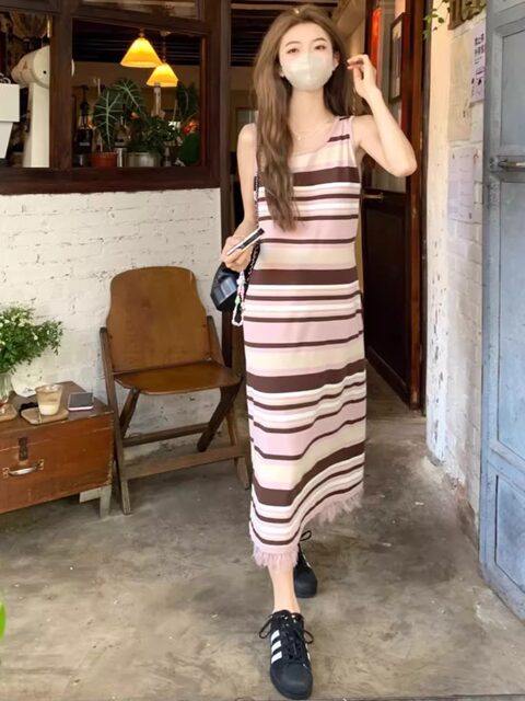 Colorful Stripesd Fat mm Sleeveless Vest Dress Women's Summer Loose Slimming Look Casual French Fringed Long Skirt