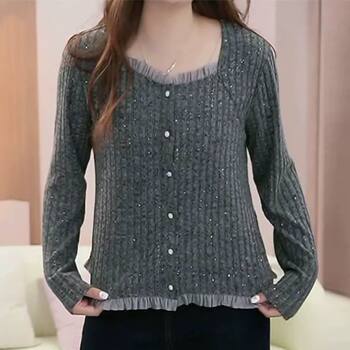 Square Collar Ruffled Fashion Long-Sleeved T-Shirt for Men and Women 2025 Autumn and Winter New Casual Simple Work Clothing Versatile Large Size Top