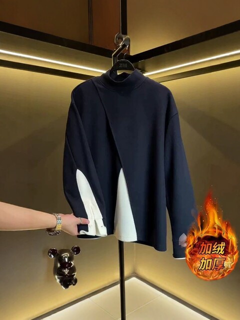 Light Luxury Men's Clothing, Plus-Size Trendy Brand, Men's 2025 Autumn and Winter New Style, Color-Blocking, Irregular Design, Long-Sleeve Top