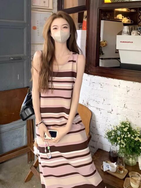 Colorful Stripesd Fat mm Sleeveless Vest Dress Women's Summer Loose Slimming Look Casual French Fringed Long Skirt