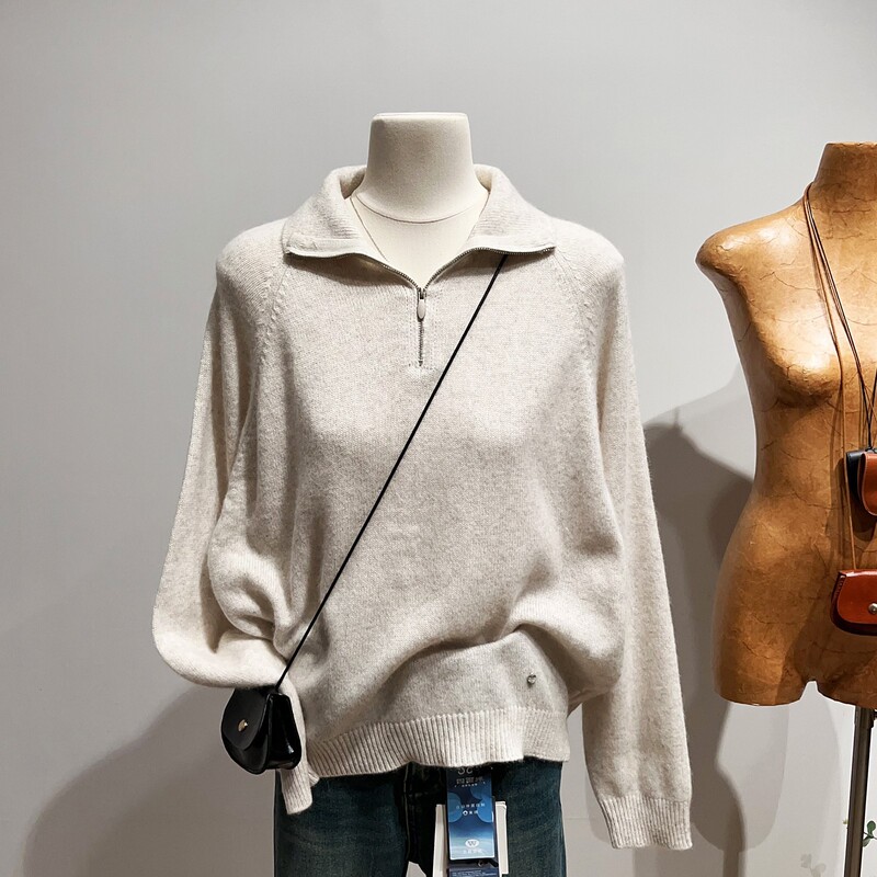[10 Off for Every 2 Items Purchased] Half-Zip Lapel Knit Sweater for Women, Loose Fit, Slimming, Versatile Pullover Sweater for Autumn and Winter