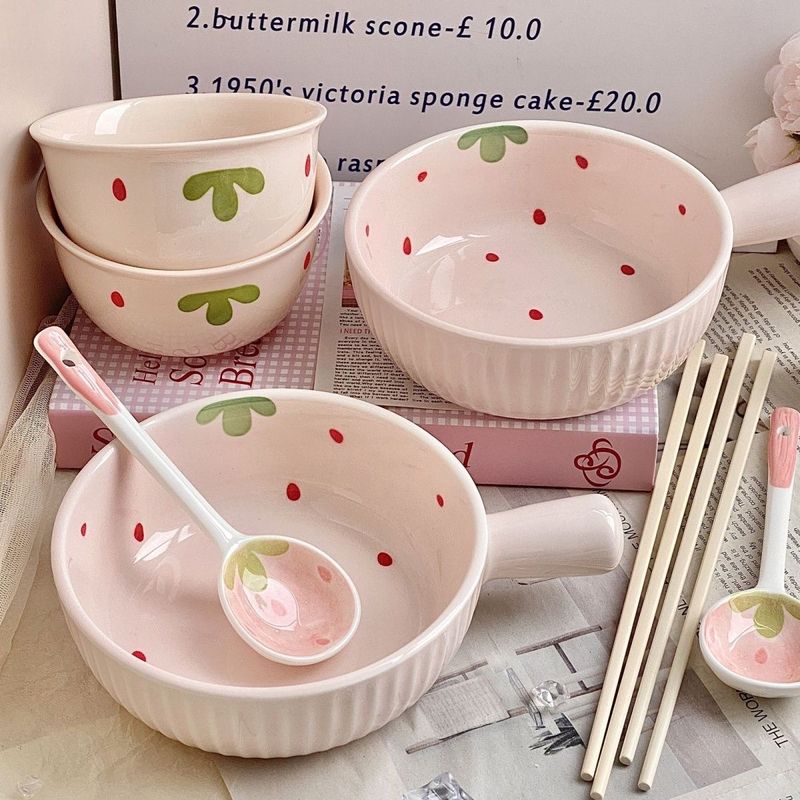 Pink Girly Cute Strawberry Ceramic Single-Serving Bowl with Handle, Underglaze Color, High Aesthetic Value, Household Tableware Set Pink Girly Cute Strawberry Ceramic Single-Serving Bowl with Handle, Underglaze Color, High Aesthetic Value, Household Tableware Set
