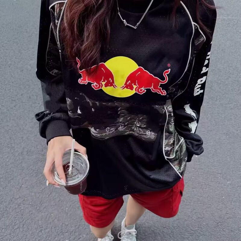 Wang Yibo Red Bull Racing Team Redbull Competition Racing No. 85 Camouflage Print Patchwork Mesh Long-Sleeve T-Shirt Jersey