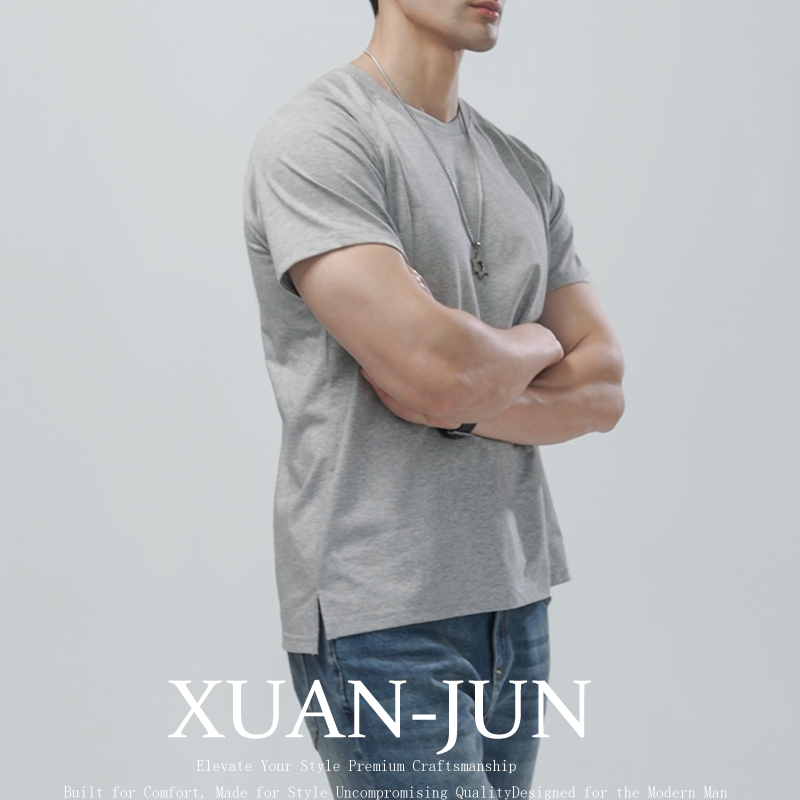 XuanjunクールSolona半袖Tシャツメンズヘビーコットンラグランスリーブ裾スリットルーズスポーツ速乾夏