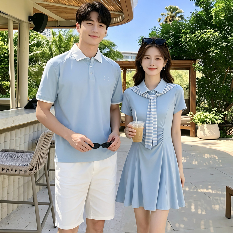 Couple's Summer Polo Shirt Short-Sleeve College Style Lapel High-End Suit One Shirt One Skirt Niche Design Slimming Couple's Summer Polo Shirt Short-Sleeve College Style Lapel High-End Suit One Shirt One Skirt Niche Design Slimming
