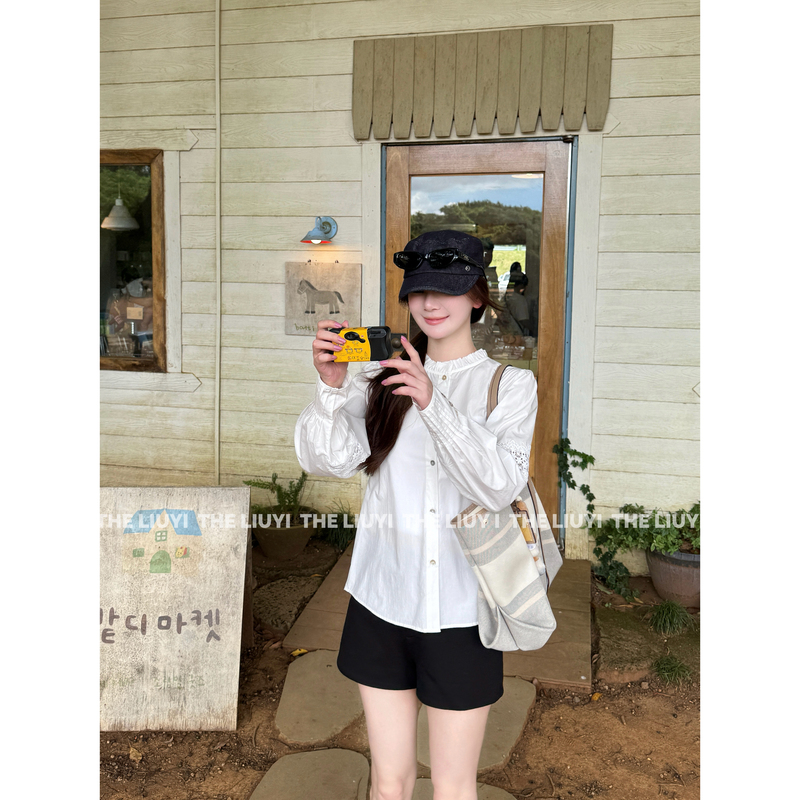 【Liuyi】Autumn All-Cotton Lace Crochet Patchwork Ruffle Shirt 6729C5