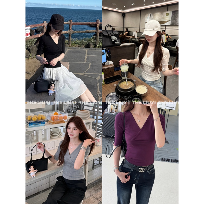 【Liuyi】Goddess T~Autumn Lyocell V-Neck Versatile Slim-Fit Mid-Sleeve T-Shirt 67303 【Liuyi】Goddess T~Autumn Lyocell V-Neck Versatile Slim-Fit Mid-Sleeve T-Shirt 67303