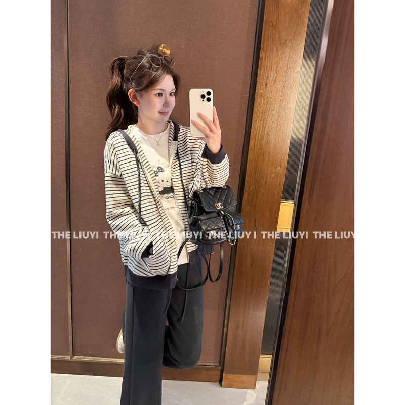 【Liuyi】Stripes Lover~Modal High-Density Knit Color-Block Striped Hooded Sweater Jacket 68186