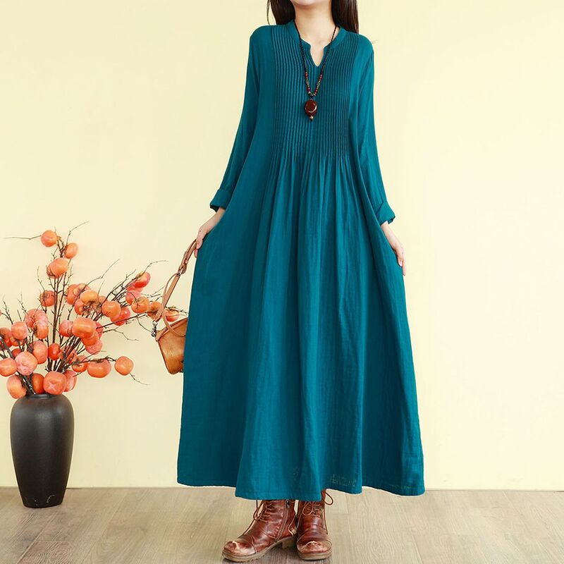 Artistic Style V-Neck Long-Sleeved Dress for Women, New Loose-Fitting, Slimming, Elegant Accordion Pleated Long Skirt for Spring and Autumn Artistic Style V-Neck Long-Sleeved Dress for Women, New Loose-Fitting, Slimming, Elegant Accordion Pleated Long Skirt for Spring and Autumn