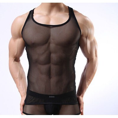 Men's Fully Transparent Ultra-Thin Mesh Sports Vest, Ice Silk Elastic Tight-Fitting See-Through Underwear, Sexy Racerback Vest